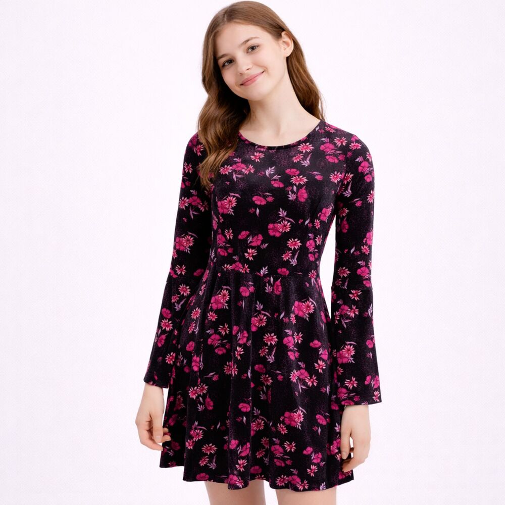 Ella Moss Black Floral Long Bell Sleeve Big Girl 16